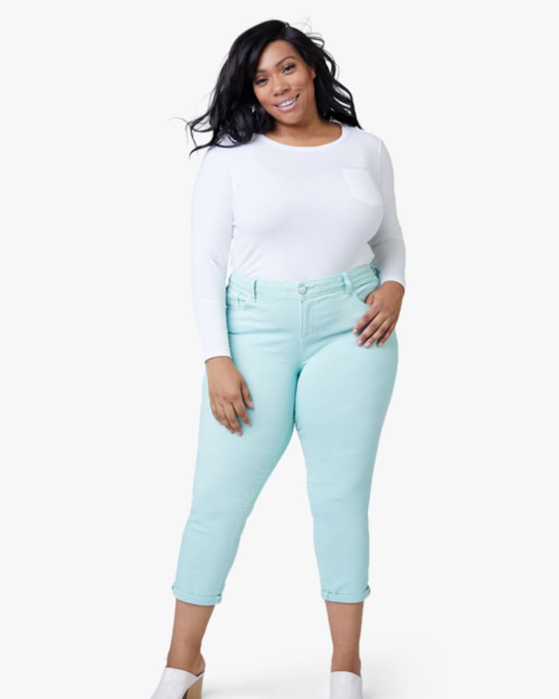 Front of a model wearing a size 14 Talia Mid-Rise Boyfriend Jean in PISTACHIO by Slink Jeans. | dia_product_style_image_id:256318